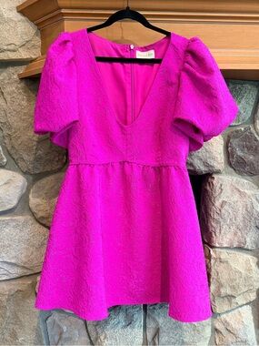 Sachin + Babi for Anthropologie Hot Pink Textured Puff-Sleeve Dress